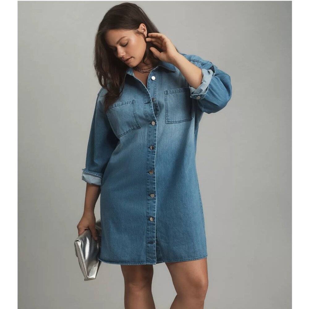 Anthropologie Porridge Long-Sleeve Collared Mini Shirt Dress Blue Denim M